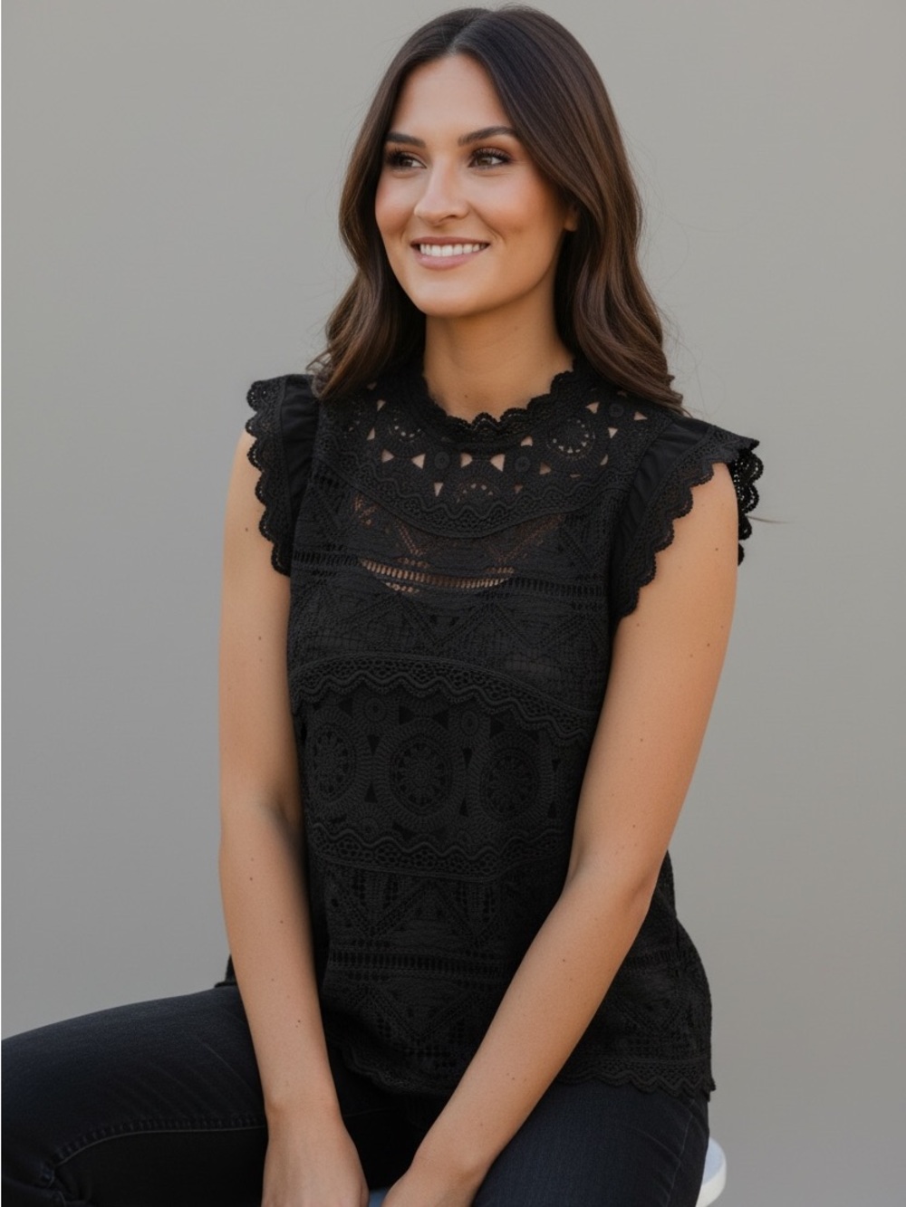 Romantic design black crochet 1920s inspired Sundance pullover feminine top